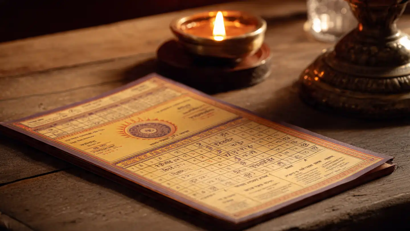 Hindu Panchang calendar showing today’s Choghadiya time with diya and clock