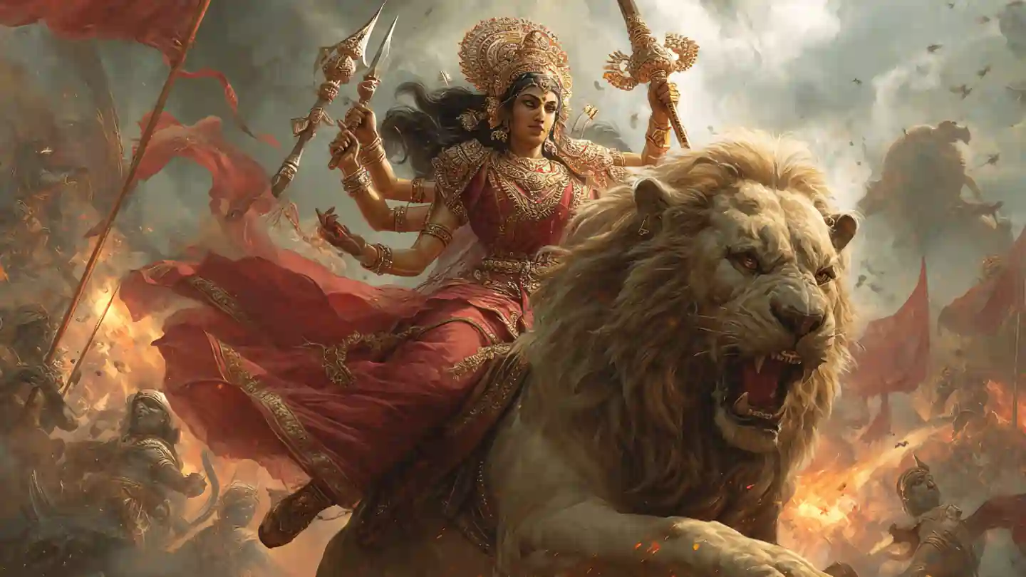 Goddess Durga riding a lion defeating Mahishasura representing Aigiri Nandini Stotra