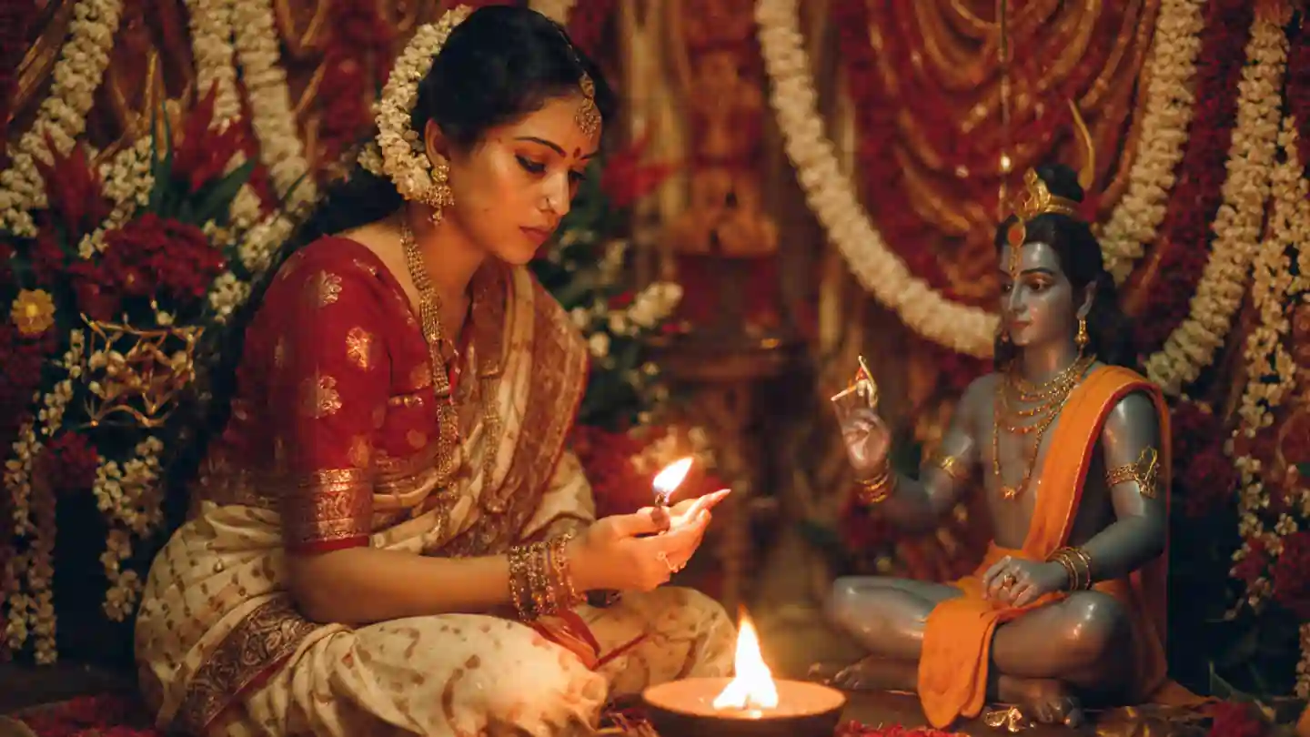 Argala Stotra पाठ करते हुए भक्त, शिव पूजा स्थल और दीपक के साथ