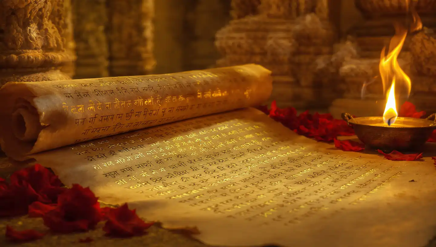 Ancient Sanskrit manuscript glowing under lamp light symbolizing Indian wisdom