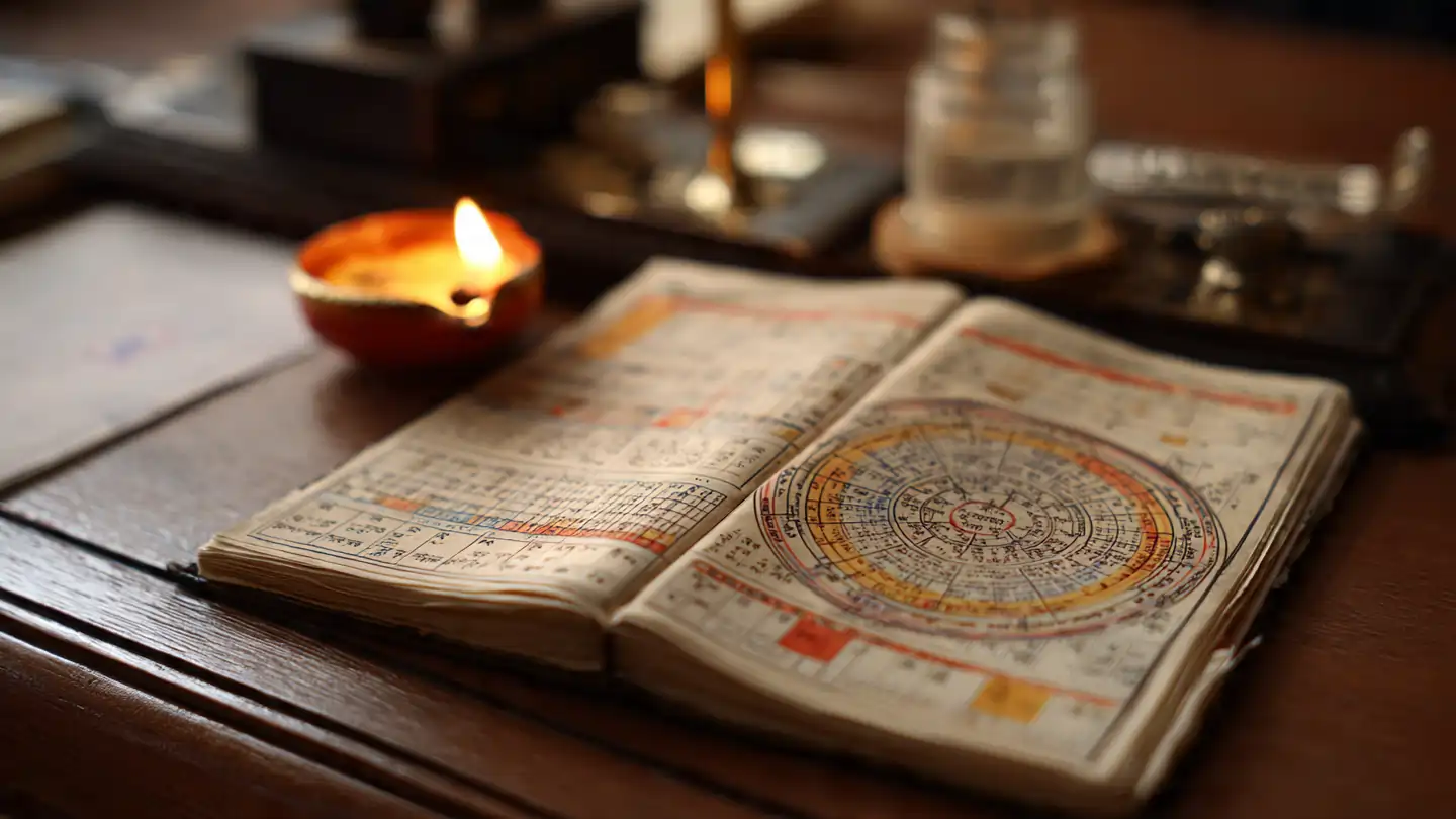 Hindu Panchang calendar showing Choghadiya timings with sunrise background