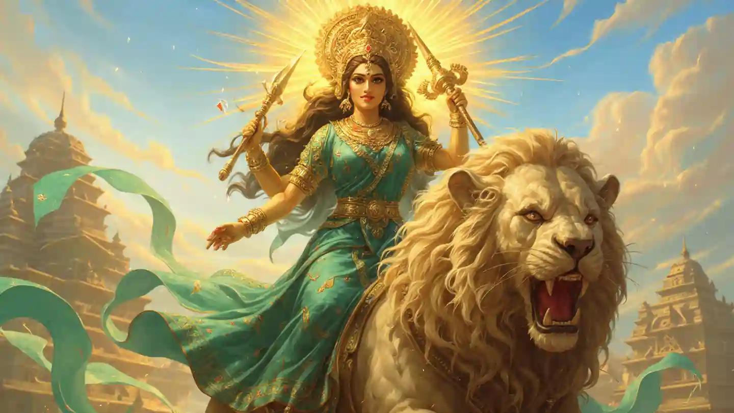 Maa Durga riding a lion holding weapons with a glowing aura, representing Durga Chalisa devotion
