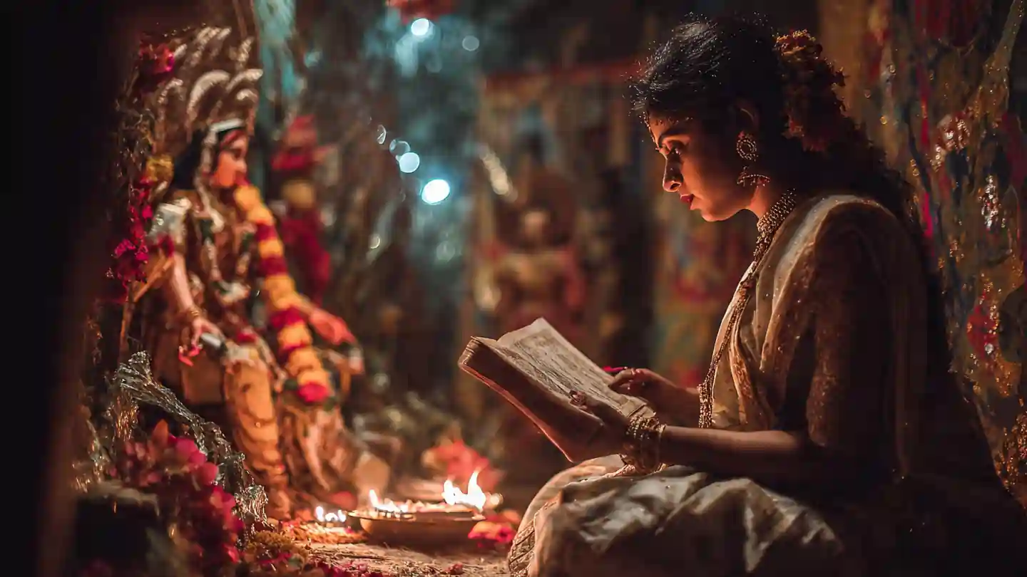 Durga Saptashloki पाठ करते हुए महिला, पूजा स्थल और दीपक के साथ