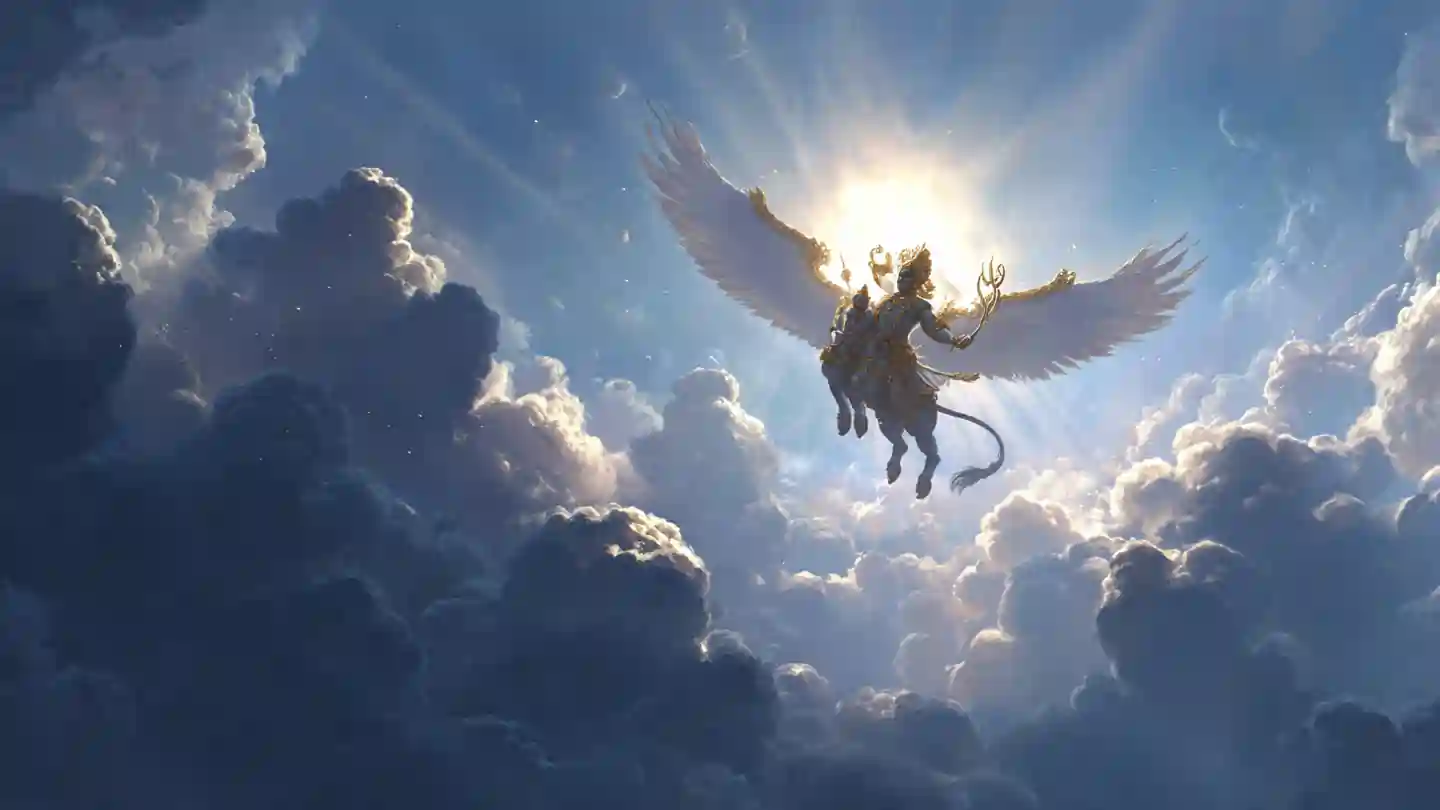 Lord Garuda carrying Lord Vishnu surrounded by divine light