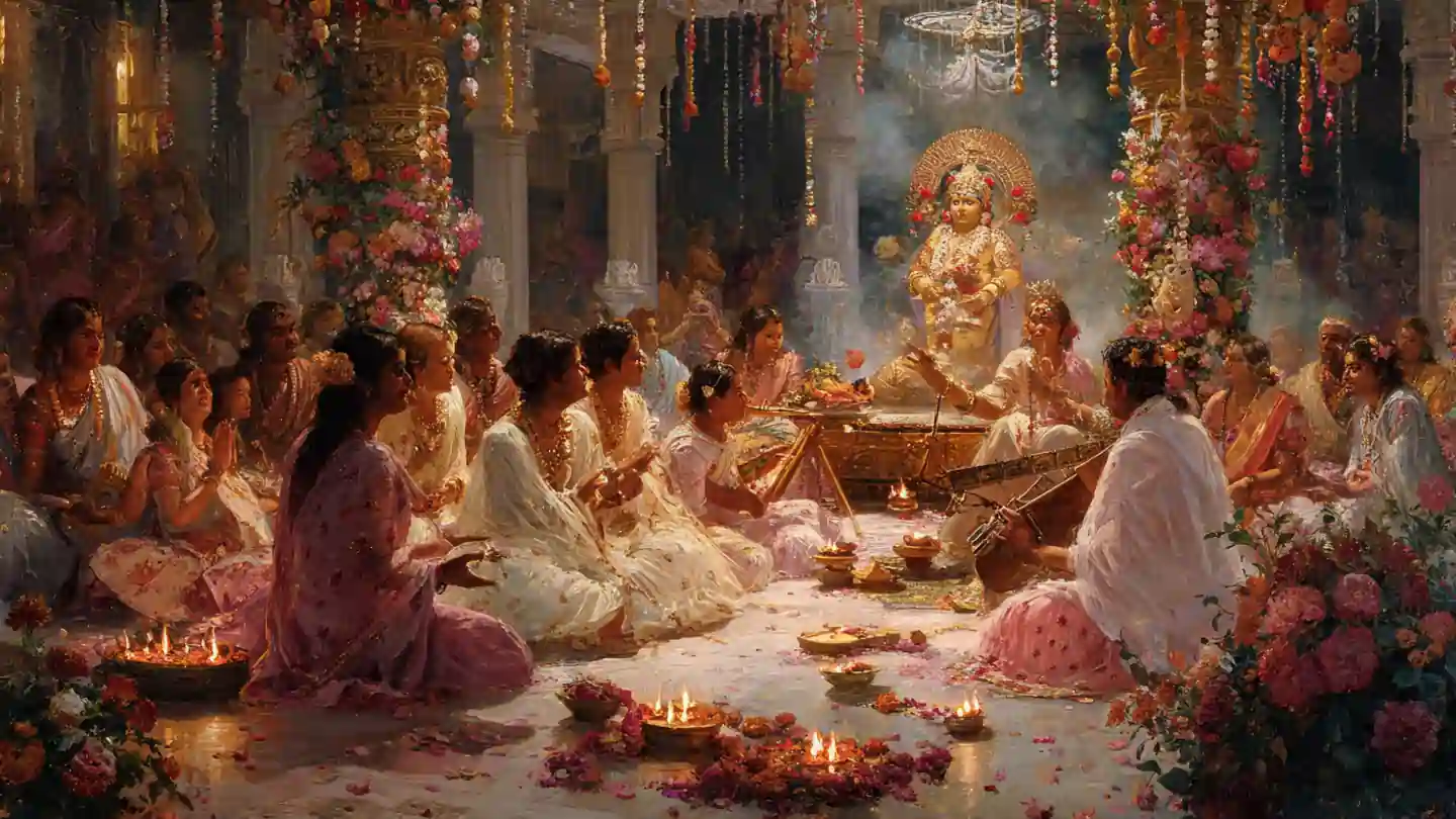 Govind Bolo Hare Gopal Bolo Lyrics scene with Krishna devotees singing bhajan in temple