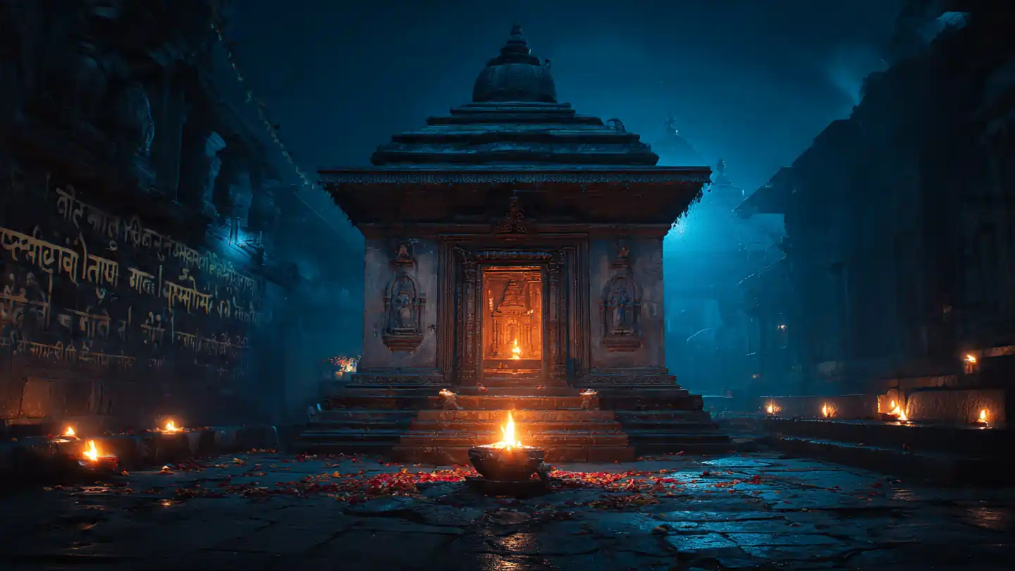 Kaal Bhairav Shabar Mantra with ancient Bhairav temple background and glowing diya