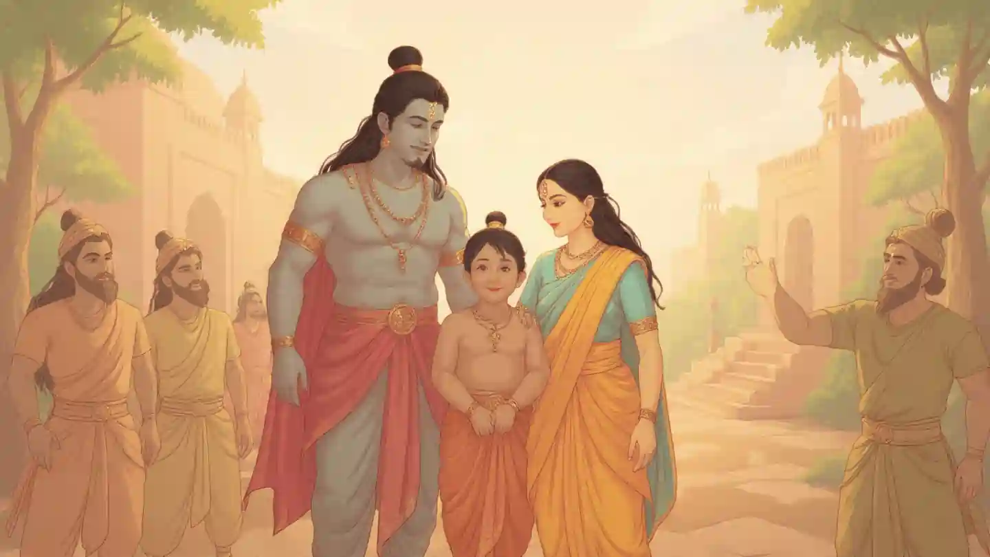 Kaushalya Dashrath Ke Nandan Lyrics illustration with Lord Rama, Kaushalya, and Dashrath in a devotional setting