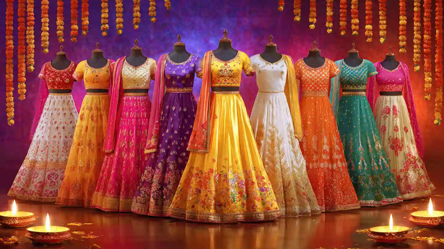 Nine traditional outfits representing each Navratri day colour with decorative lamps