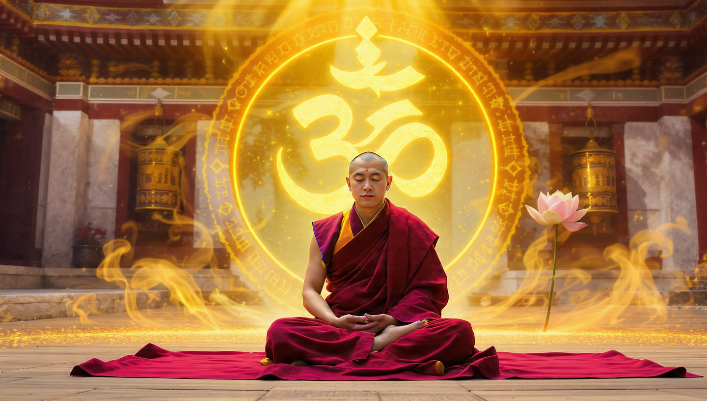 Buddhist monk meditating with Om Mani Padme Hum mantra glowing behind him