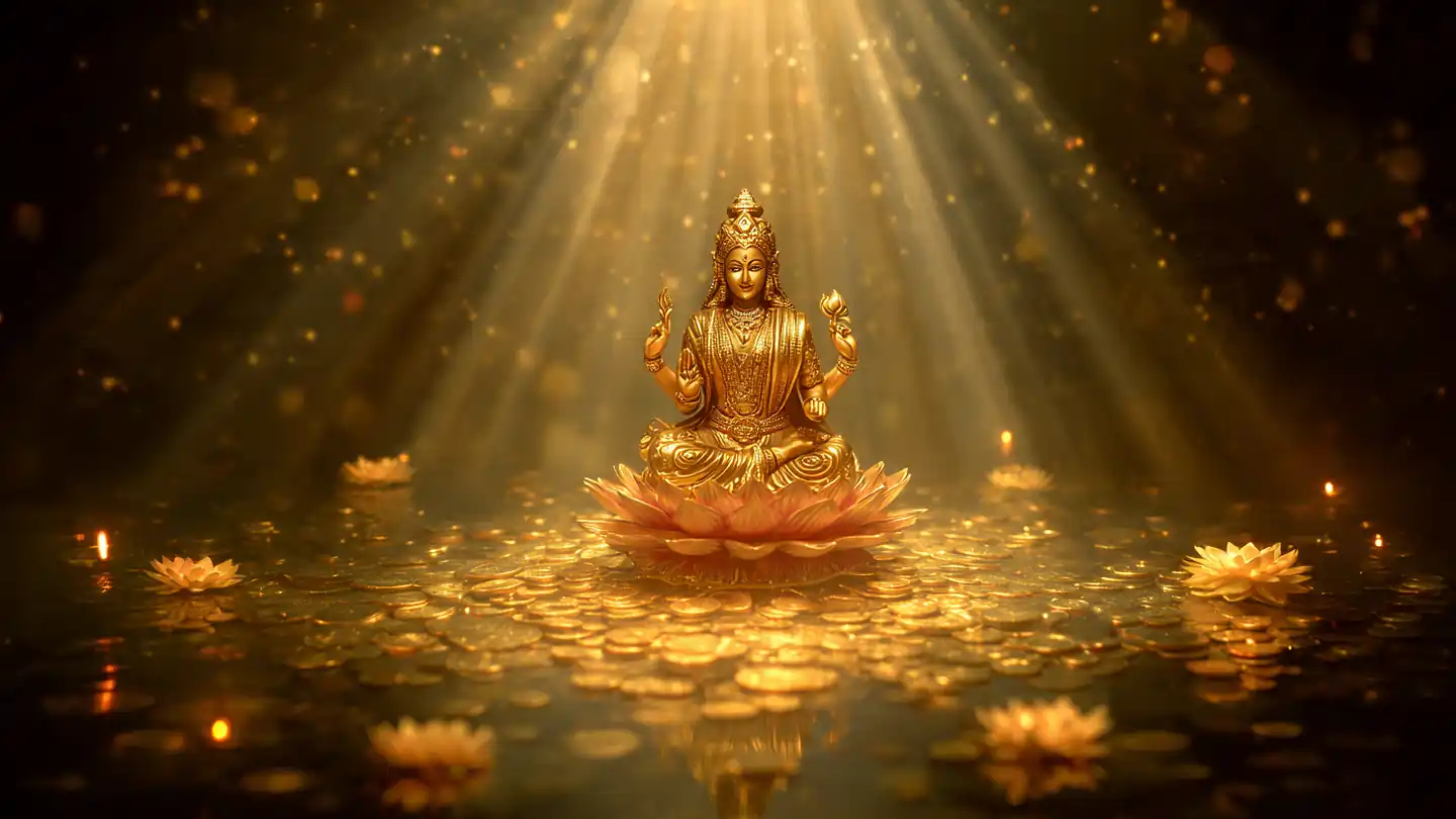 Goddess Lakshmi sitting on lotus with glowing golden aura symbolizing Play Bhag Lakshmi blessings