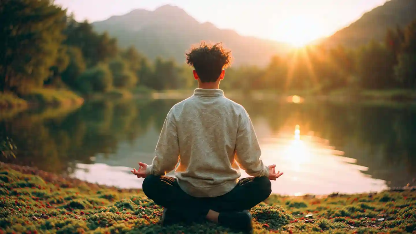 Person meditating near lake showing the power of silence and inner peace