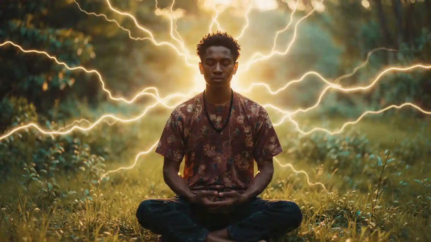 Person meditating peacefully on city rooftop showing how to practice Brahmacharya in modern life
