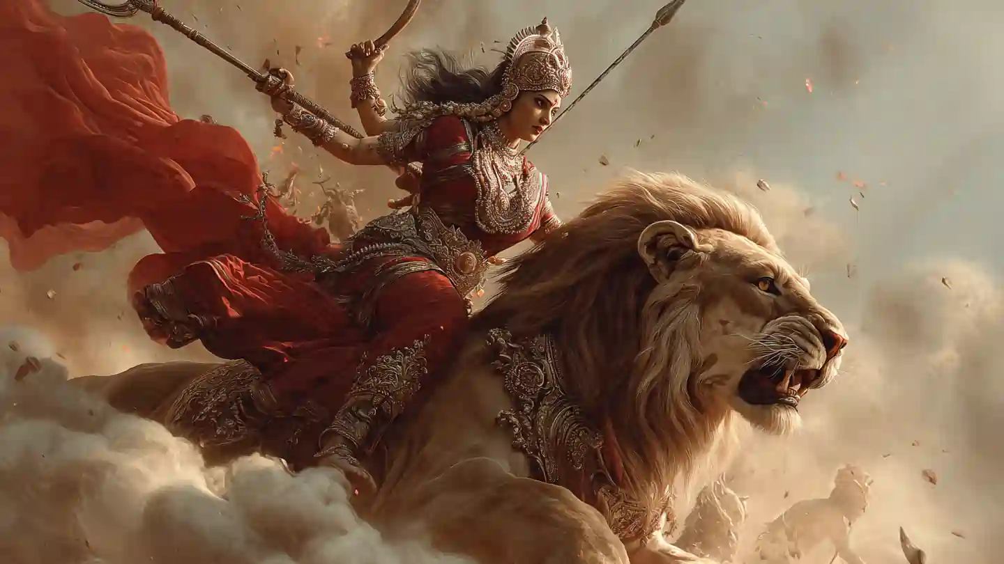 Goddess Durga riding a lion, representing power and victory, inspired by Rajalakshmee Sanjay Aigiri Nandini