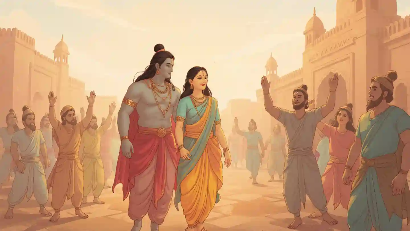 Ram Aayenge Lyrics illustration showing Lord Rama with Sita, Lakshman, and Hanuman arriving in Ayodhya
