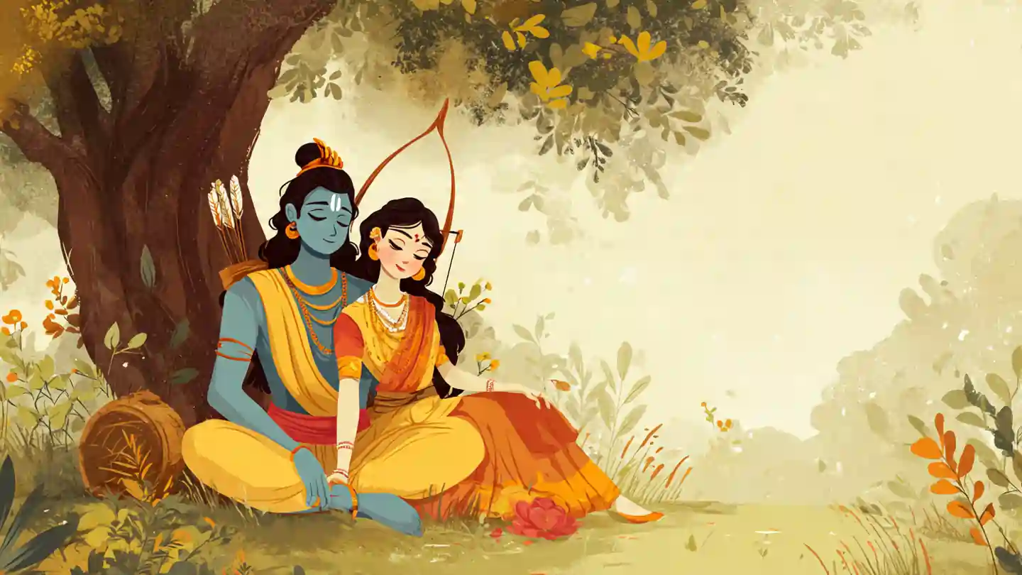Lord Rama and Maa Sita sitting together, representing devotion and love in Ramchandraya Janaka bhajan