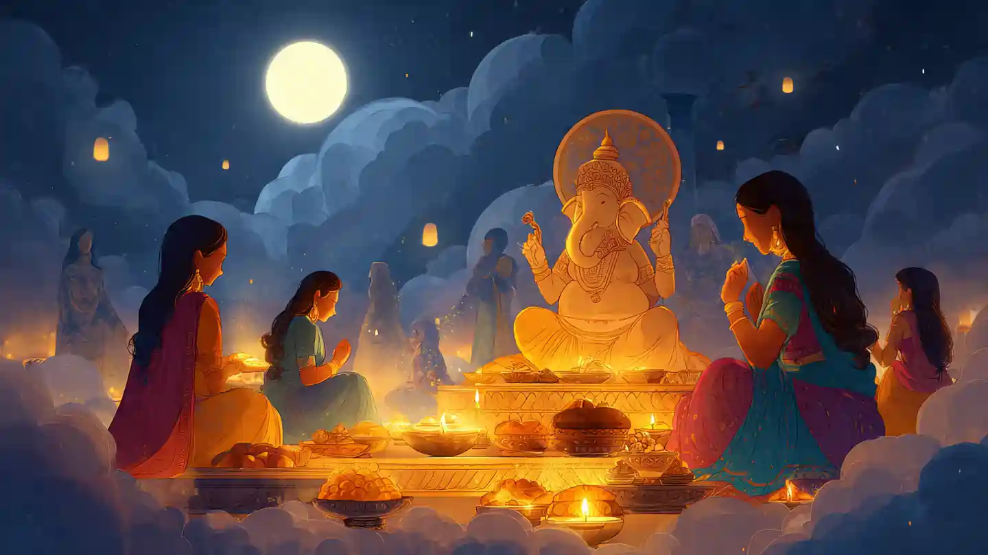 Women worshipping Lord Ganesha during Sakat Chauth Vrat 2025 under moonlight