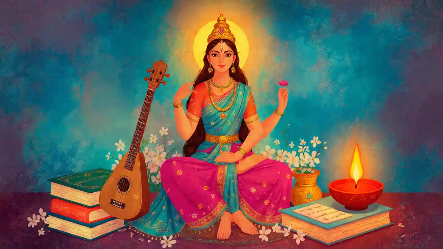 Saraswati Puja setup with idol, veena, books, and diya representing knowledge and wisdom