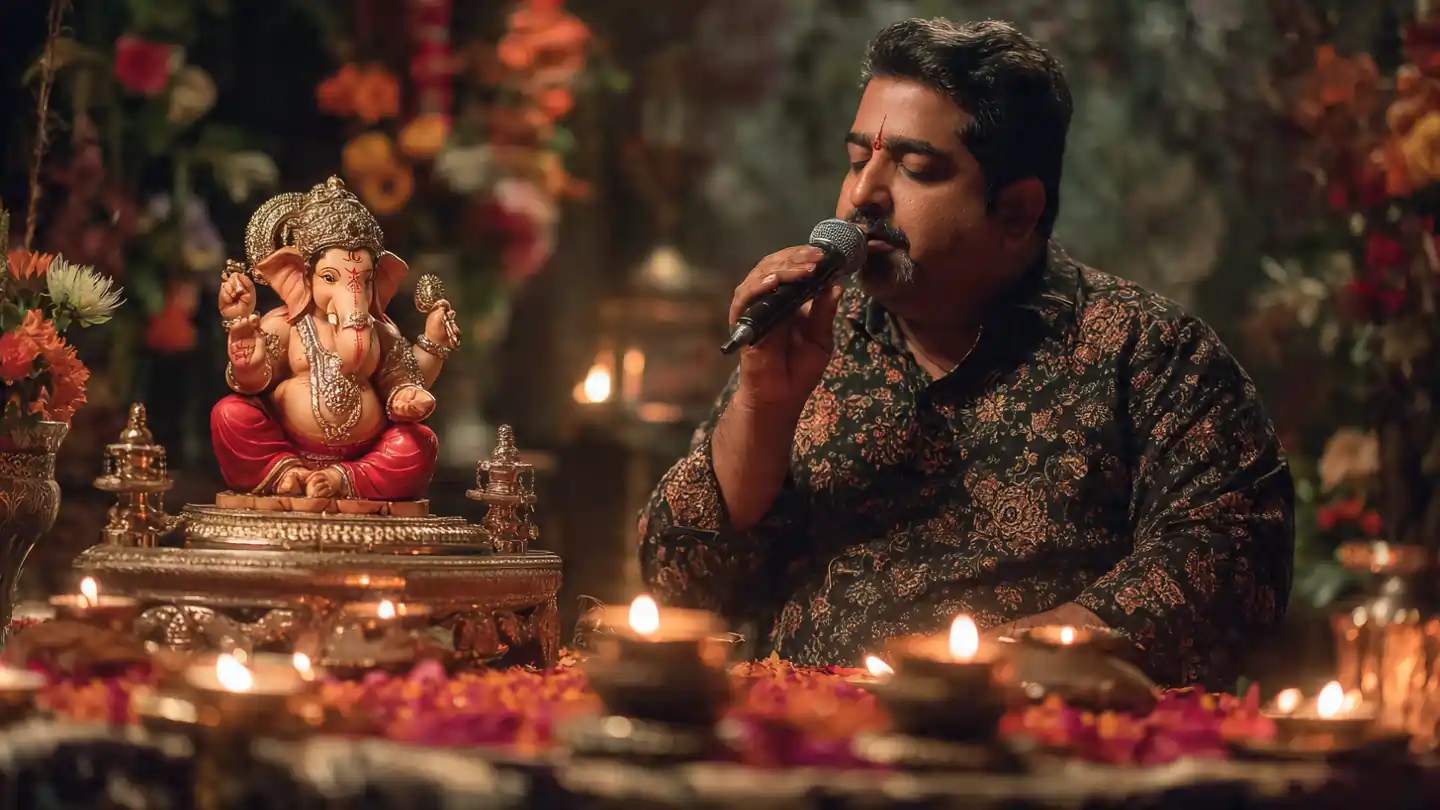 Shankar Mahadevan singing Vakratunda Mahakaya with Ganesh ji murti and devotional setup