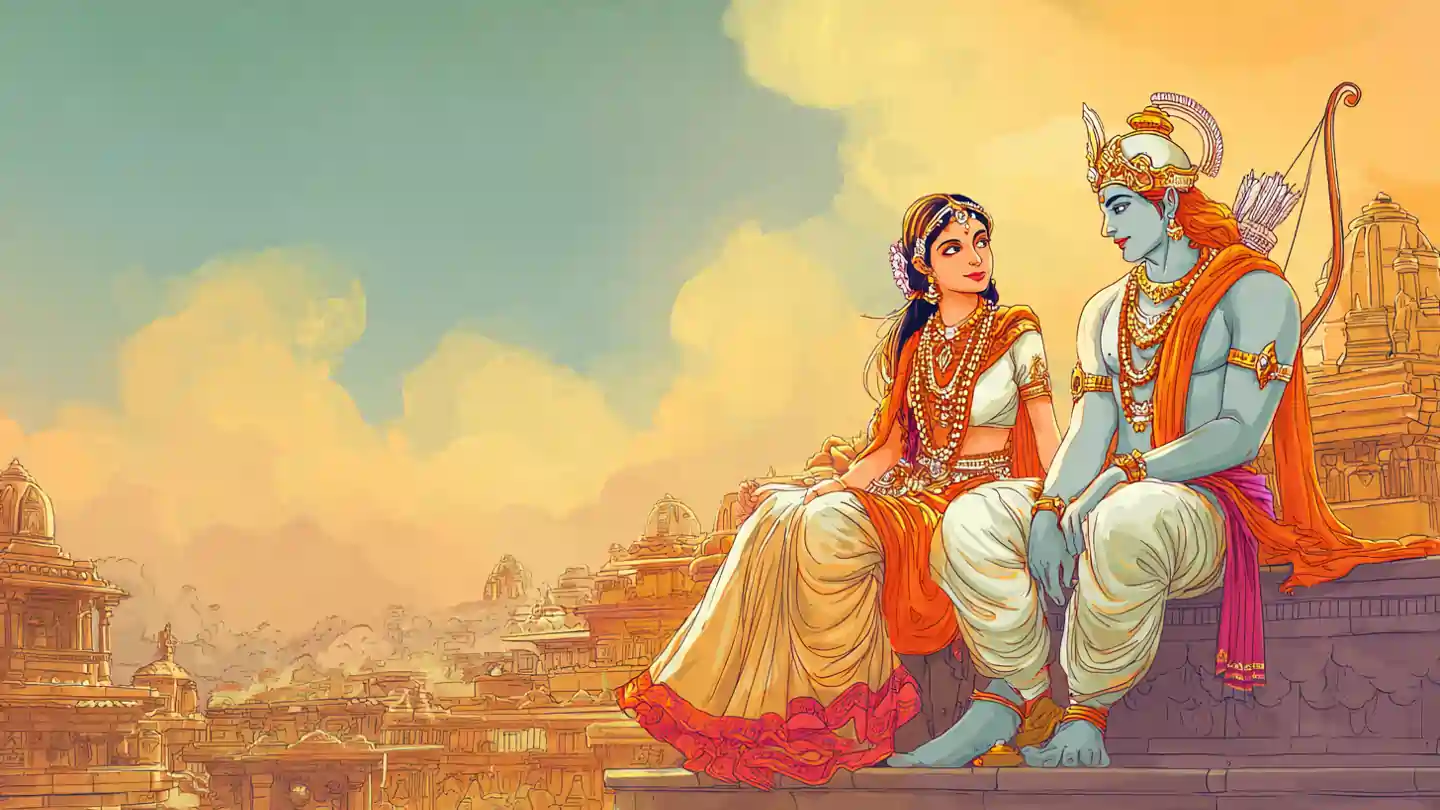 Goddess Sita with Lord Rama in temple background during Sita Chalisa recitation