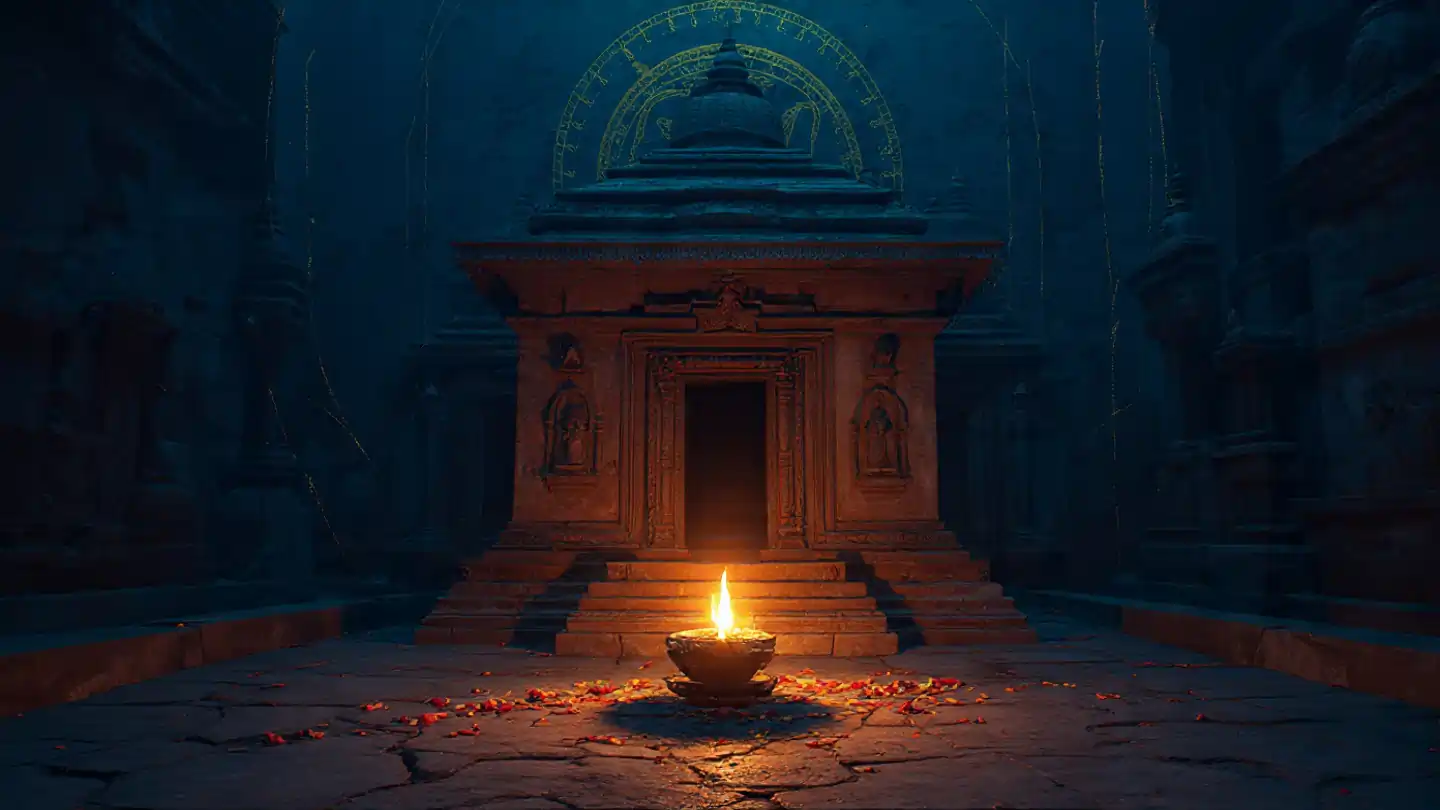 Goddess Smashan Kali with fire aura performing Shabar Mantra ritual