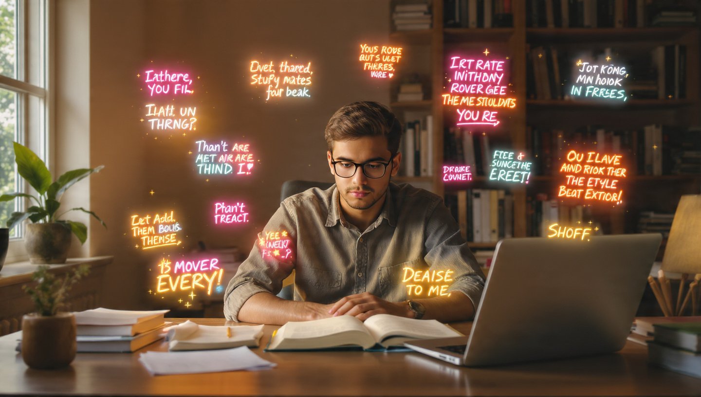 Motivated student studying with motivational quotes in Hindi and English around