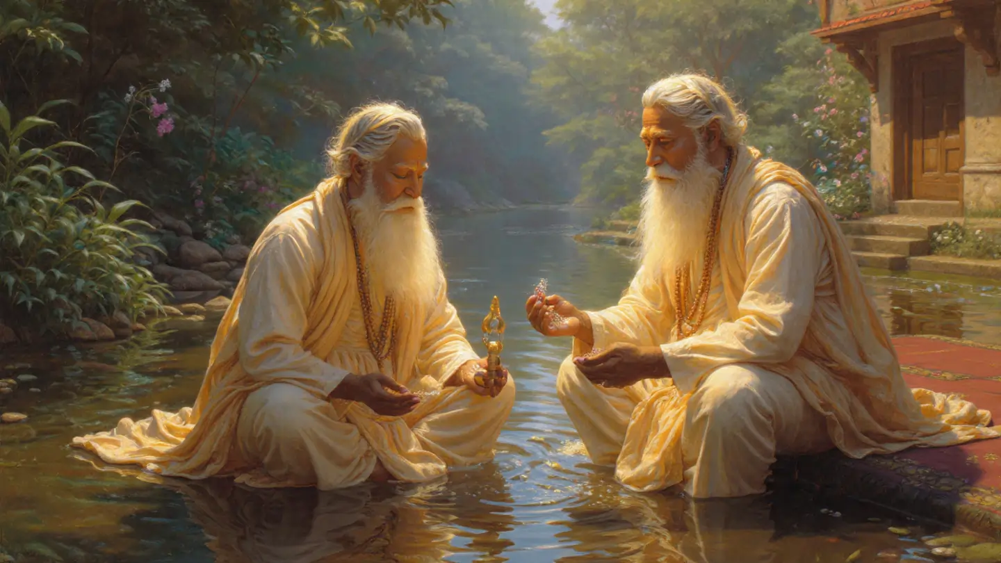 पति-पत्नी Tarpan Vidhi करते हुए नदी किनारे, जल और तिल अर्पित करते हुए