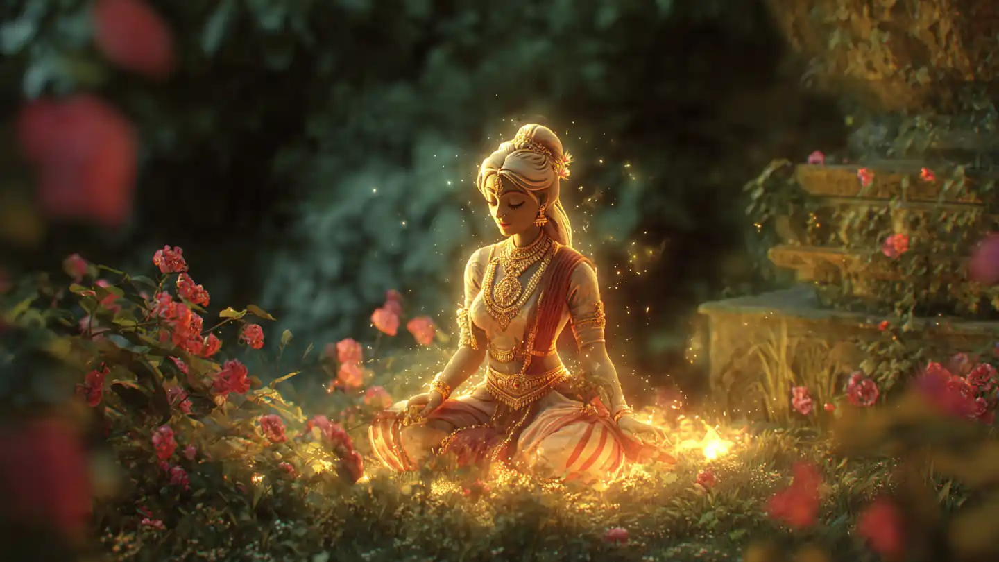 Divine Apsara Urvashi surrounded by glowing aura representing beauty and attraction