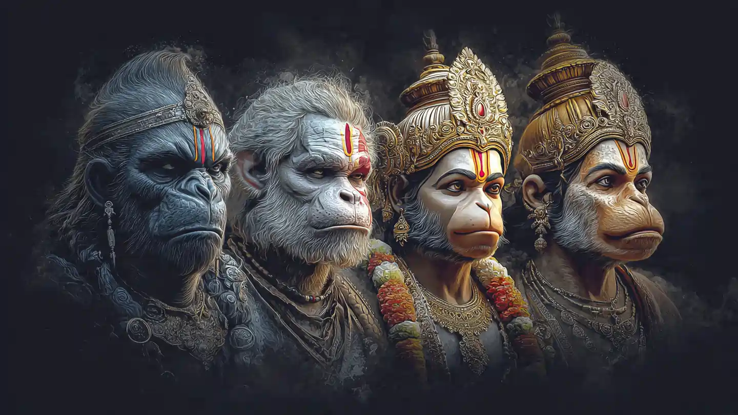 Different Form Worship Hanuman – Five divine forms of Lord Hanuman representing devotion, courage, and strength.