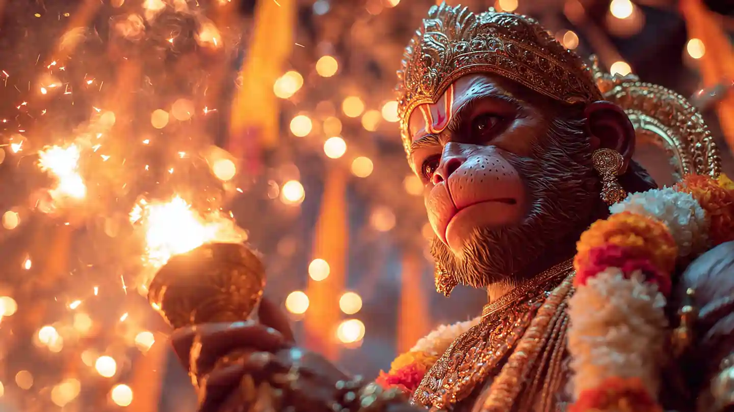 Hanuman Jayanti Guide with Lord Hanuman and diya decorations
