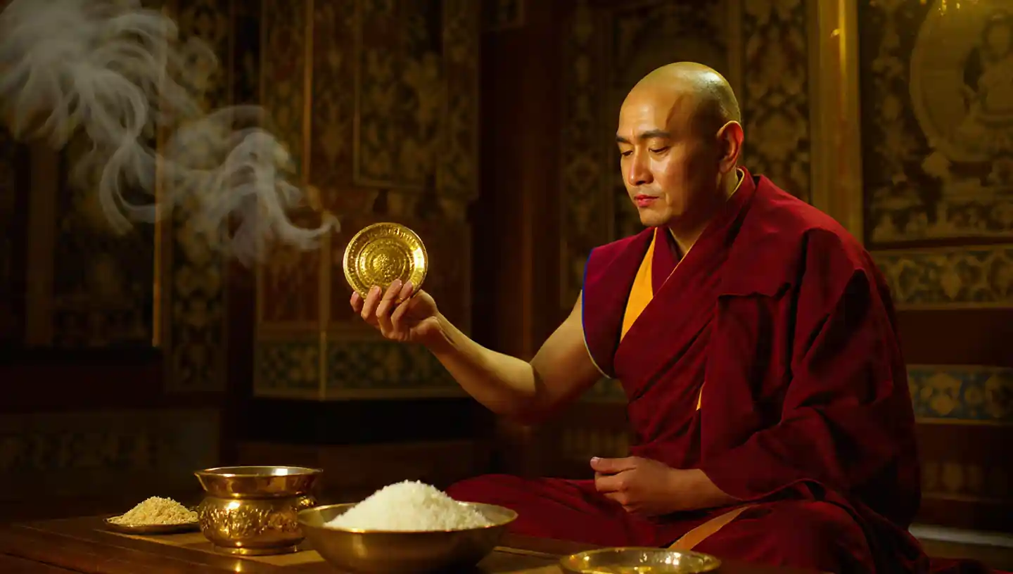Monk demonstrating how to offer mandala using rice and plate
