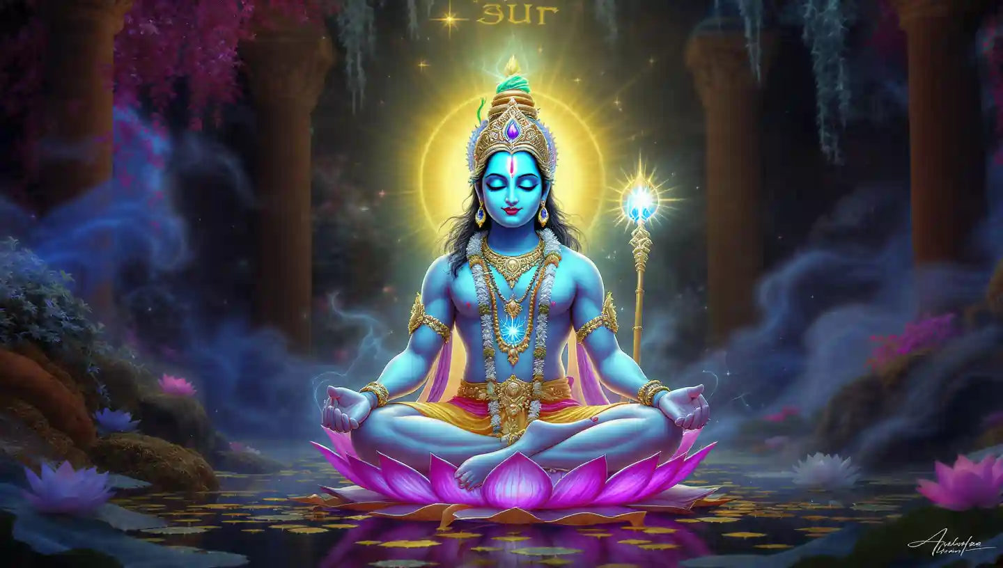 Lord Krishna with Krishnaya Vasudevaya Mantra in background