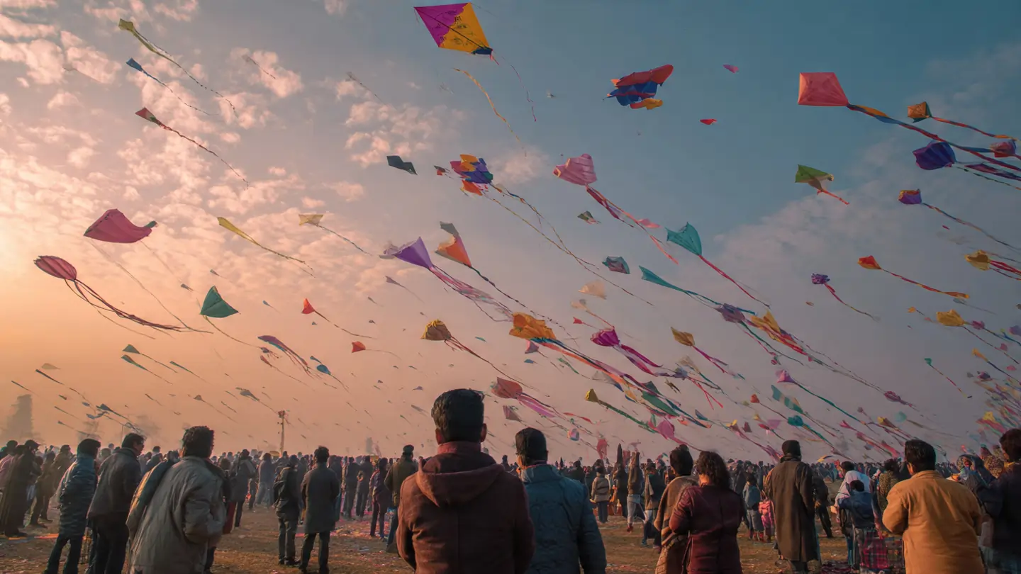 Makar Sankranti Mahatav – People celebrating festival with kite flying and Sun worship in India.