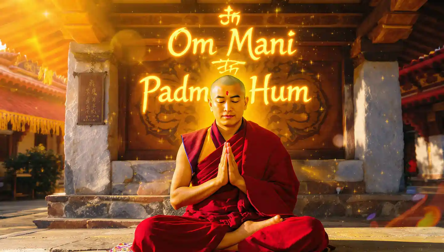 Chanting Om Mani Padme Hum mantra with Tibetan script