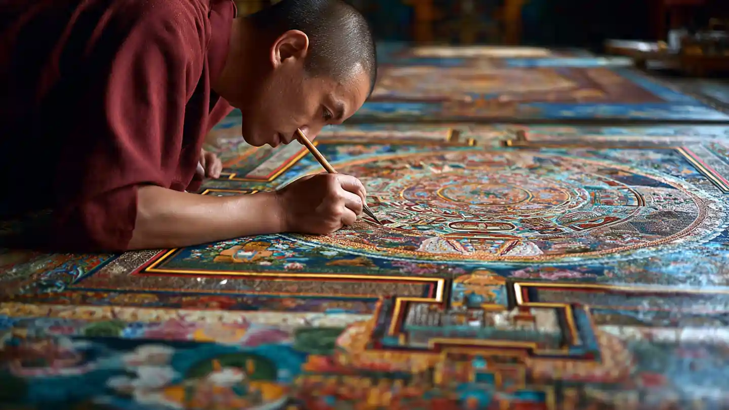 Monk painting traditional Thangka Tibetan Art with bright colors