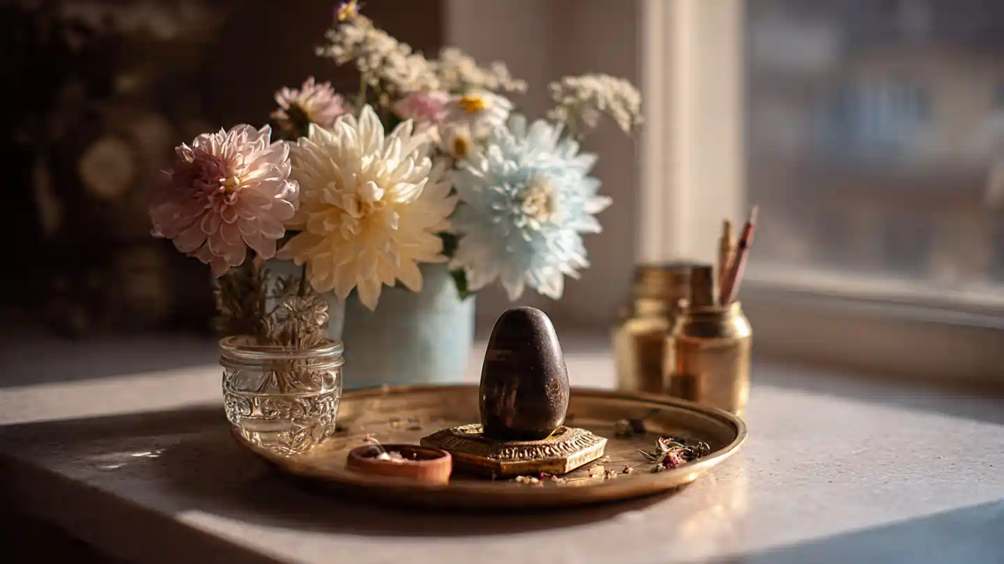 घर में शिवलिंग रखने के नियम — घर में शिवलिंग अल्टर पर पूजा करते हुए।