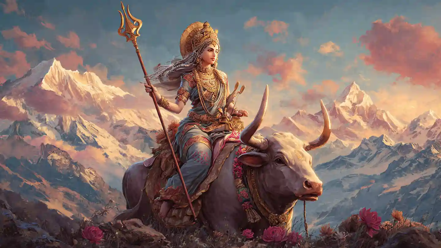 Goddess Shailputri with trident and lotus – Shailputri Chalisa devotional image