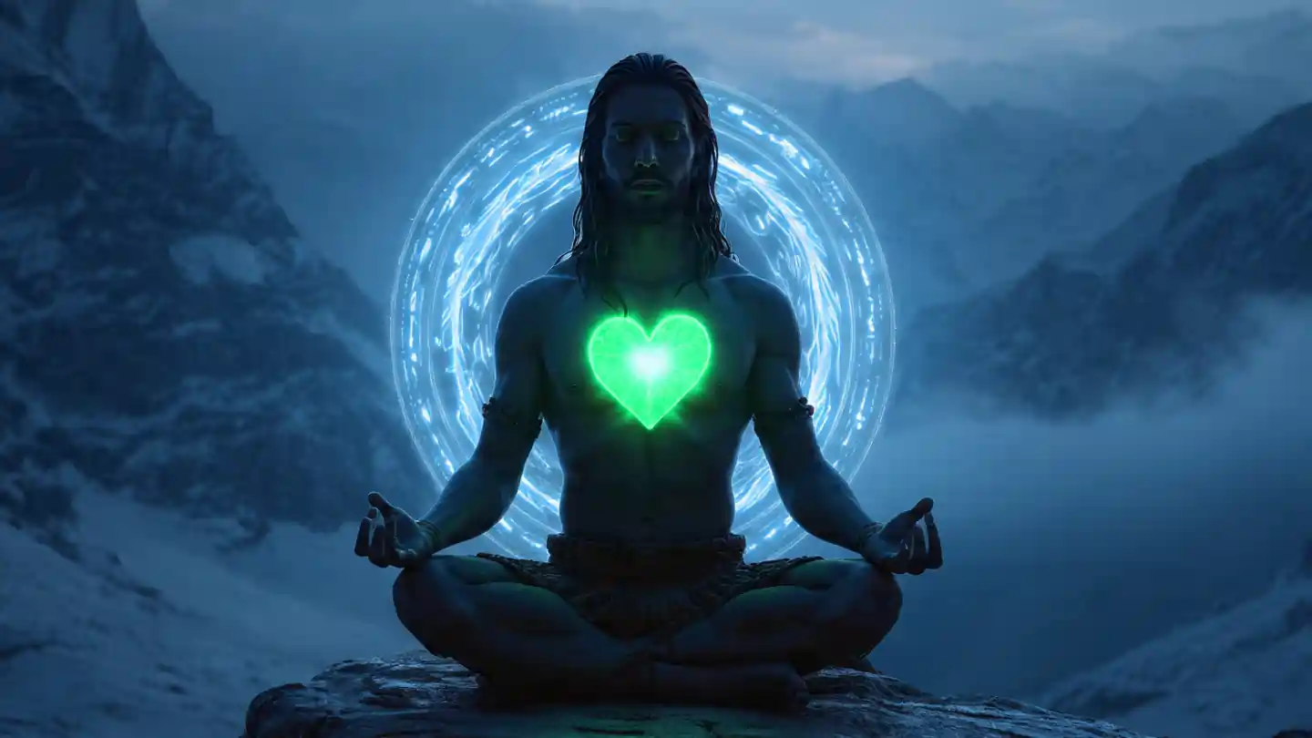 Heart chakra healing meditation with green energy at chest center