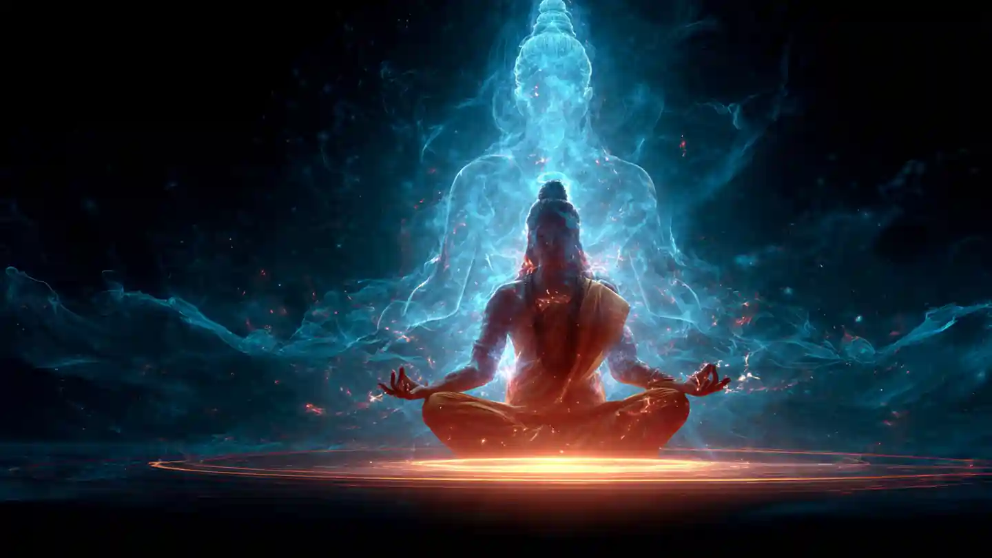 Meditator chanting Mahamrityunjaya Mantra Power with divine Shiva energy