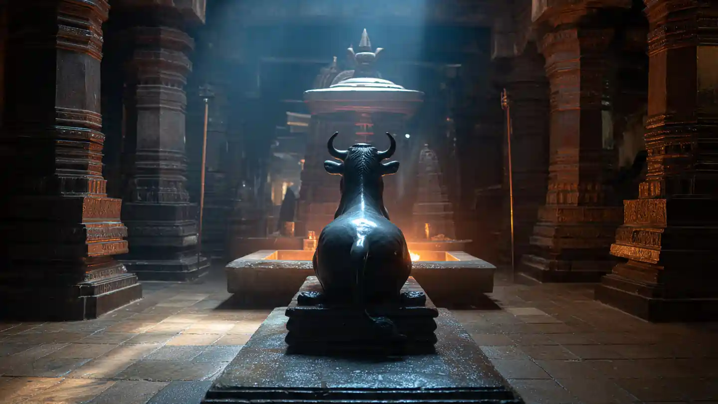 Nandi Puja importance with Nandi facing Shiva Lingam.