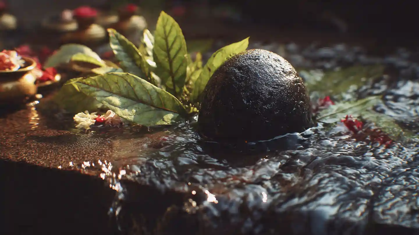 Shivling Jal Chadhana with sacred water and Bilva leaves.