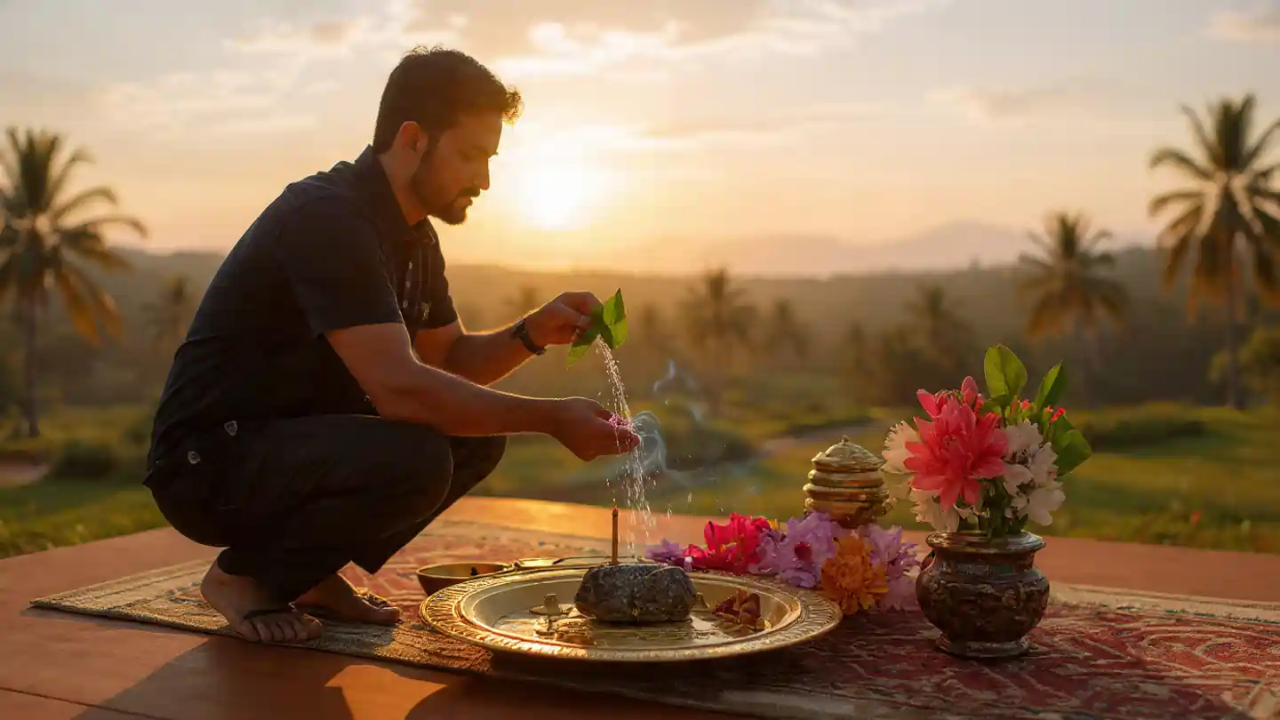 सोमवार व्रत करते हुए शिवलिंग पर बिल्वपत्र अर्पित करते भक्त।